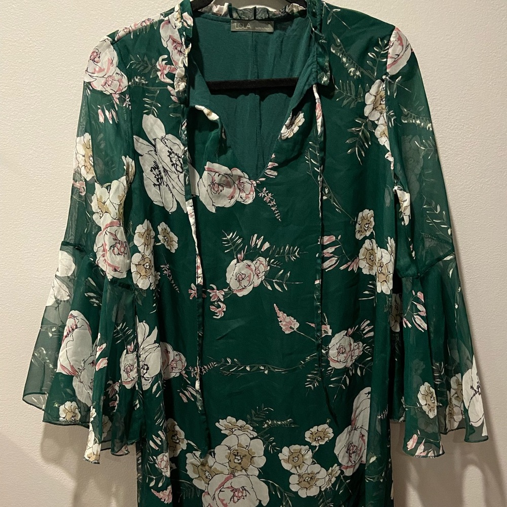 Lola Dark Forest Green Casual Ruffles V-Neck Blouse VINTAGE